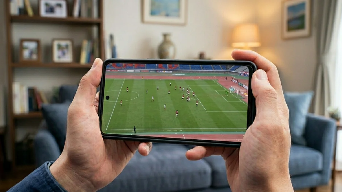 サッカー場を映すスマートフォンの画面です。